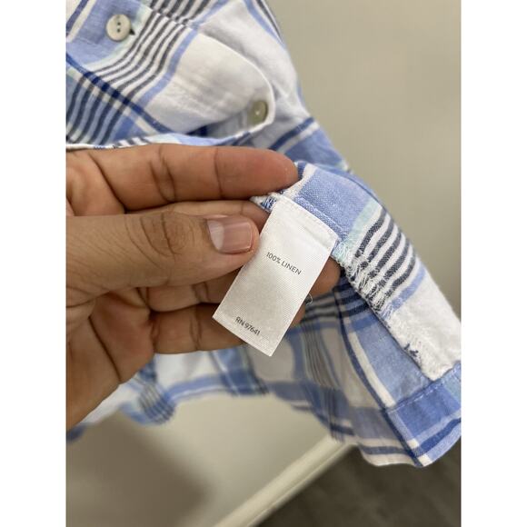 Linen Button Up Tunic Shirt Check Plaid Dress Coastal Cottage Resort Preppy - Picture 8 of 15